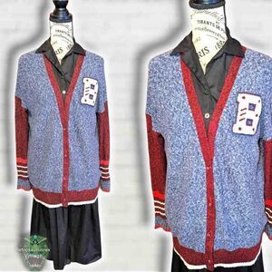 Y2K Retro Preppy Twee Letterman Jacket Style Long cardigan Sweater, Oversized Sm